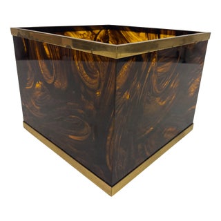 Tortoiseshell Effect Acrylic Glass and Brass Planter, 1970s For Sale