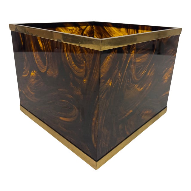 Tortoiseshell Effect Acrylic Glass and Brass Planter, 1970s For Sale