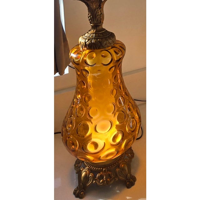 Amber Tall Vintage Mid-Century Modern (Mcm) Hollywood Regency Style Amber Glass Table Lamp With Nightlight Feature For Sale - Image 8 of 12