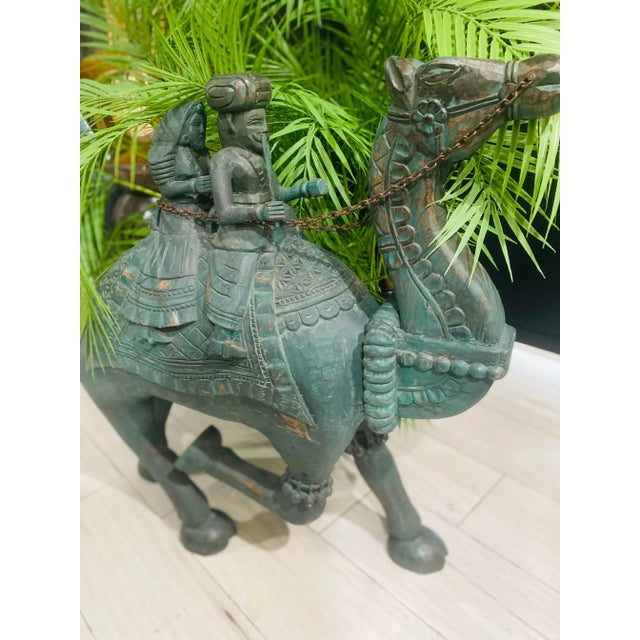Olive Late 20th Century Large Camel Statue Hand Carved Wood Green and Guilted Gold For Sale - Image 8 of 11