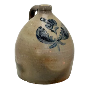 Unusual Antique American Blue Flower Decorated Approx 1 Gallon Size Stoneware Spirits Jug - Mid 19th Century