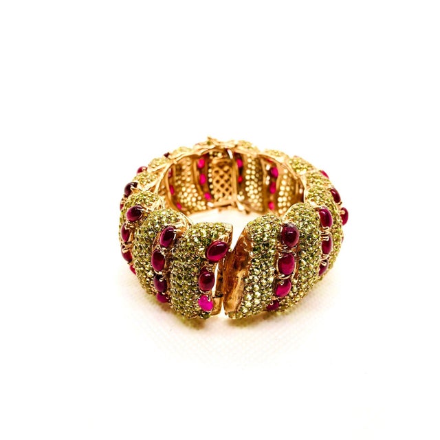 Bochic "Capri" Vintage Natural Ruby & Peridot Bangle Set In 18K Gold & Silver Natural Ruby - 15.00 Carats Natural Peridot...
