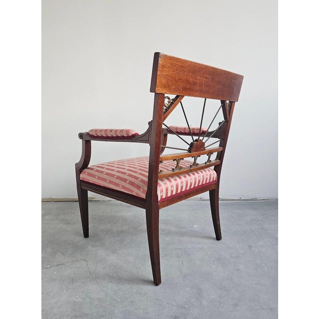 Antique French Empire Mahogany Armchair in Pink Striped Fabric, 1890s For Sale - Image 6 of 15