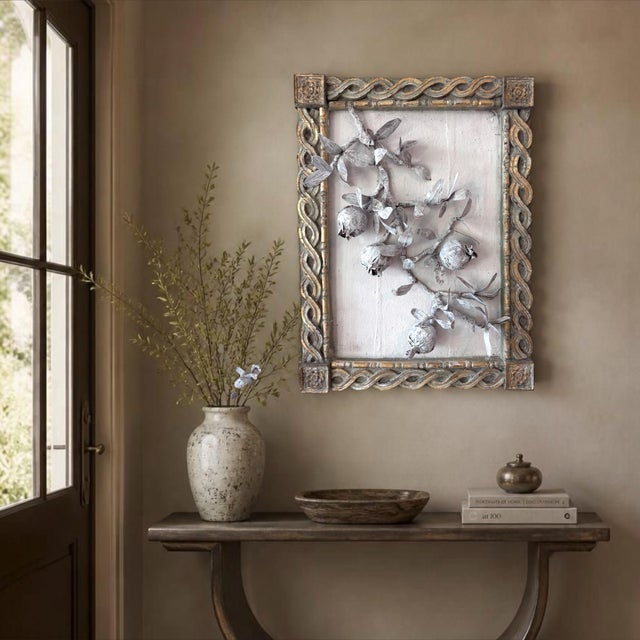 Paper Mache Pomegranate Branch in Plaster Frame Sculptural Wall Art For Sale - Image 11 of 11