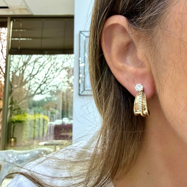 Gold Vintage 14k Yellow Gold 1.43ct Diamond Stud Huggie Clip Dangle J Hoops Earrings, a Pair For Sale - Image 8 of 8
