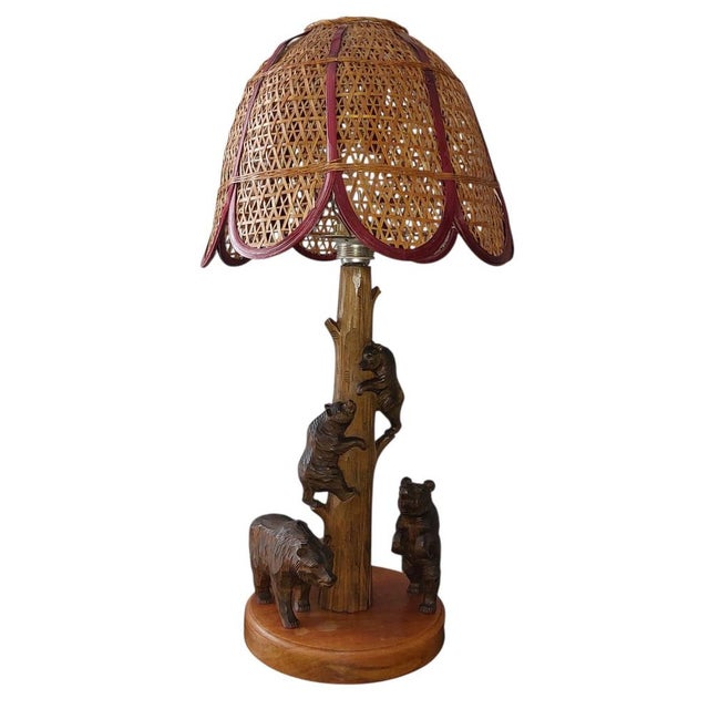 Black Forest Rustic Bear Family Table Lamp with Wicker Shade, 1950s For Sale - Image 4 of 6