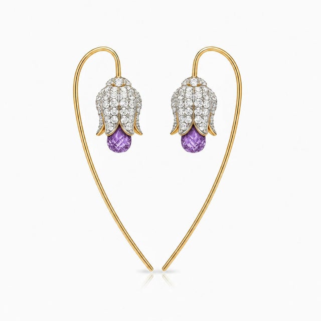 Silver, gold Lily flower earrings with amethyst briolettes. Lily flower earrings. Amethyst earrings. White flower wedding...