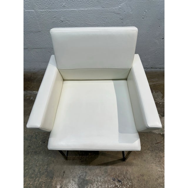 White Pair of Brueton White Naugahyde and Chrome Frame Dining Arm Chairs - Twelve Available For Sale - Image 8 of 11