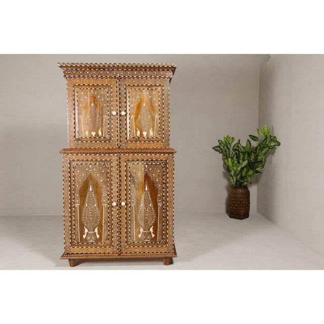 Early 20th Century Anglo Style Buffet à Deux-Corps with Floral and Bird Bone Inlay For Sale - Image 4 of 12