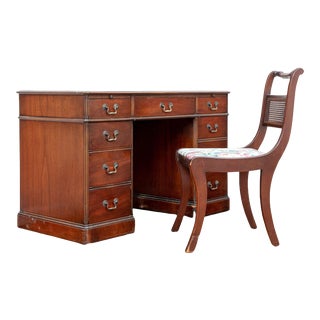 Mid 20th Century Vintage Partners Desk With Green Leather Inlay and Chair - Set of 2 For Sale