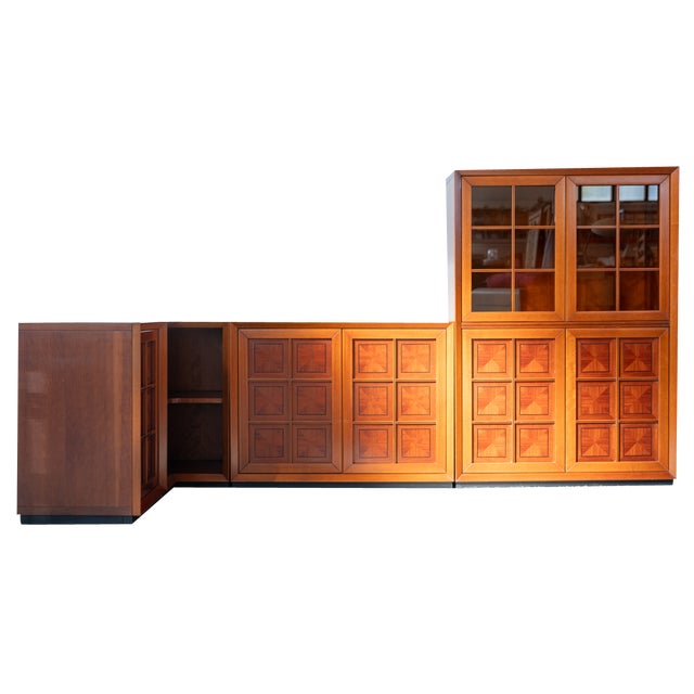 Modular Corner Cabinet in Cherrywood with Glass and Carved Doors with Fox Hunt Design, 1970s, Set of 4 For Sale