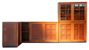 Modular Corner Cabinet in Cherrywood with Glass and Carved Doors with Fox Hunt Design, 1970s, Set of 4