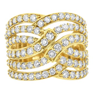 10K Yellow Gold 3.00 Cttw Diamond Multi Row Bypass Wave Cocktail Band Ring (J-K Color, I1-I2 Clarity) - Ring Size 9 For Sale