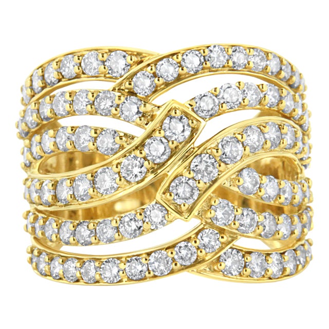 10K Yellow Gold 3.00 Cttw Diamond Multi Row Bypass Wave Cocktail Band Ring (J-K Color, I1-I2 Clarity) - Ring Size 9 For Sale