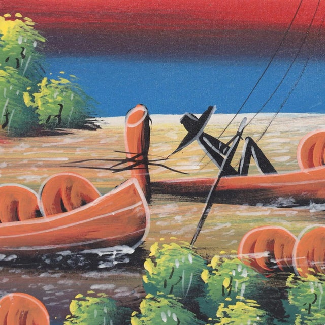 Textile Vintage Haitian Painting Boats in Sunset by M. Mar For Sale - Image 7 of 9