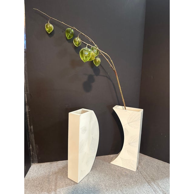 1980s 1980s Pair Large Geometric Postmodern Vases With Leaf Design For Sale - Image 5 of 6