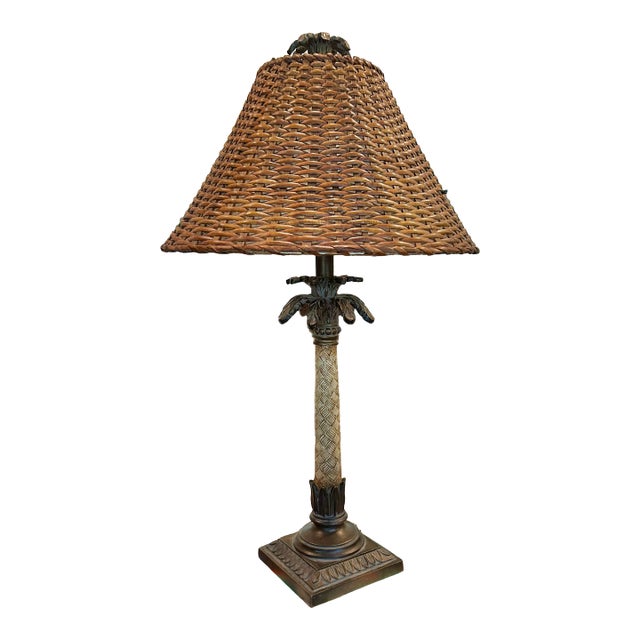 Vintage Coastal Table Lamp With Wicker Shade For Sale