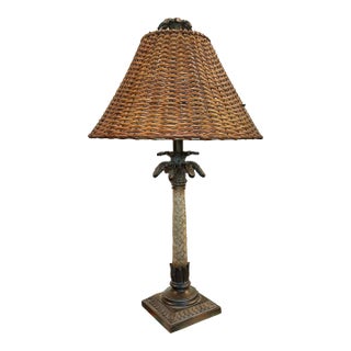 Vintage Palmtree Table Lamp With Wicker Shade For Sale