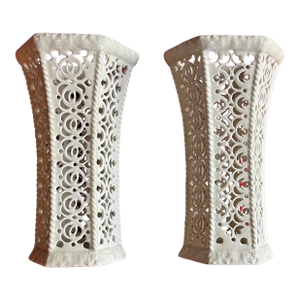 Antique Early 19th Century English George III Leeds Pottery Creamware Reticulated Vases Circa 1800 - A Pair