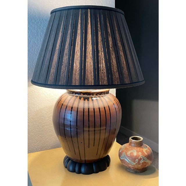 Japanese 19th Century Japanese Ceramic Drip Glazed Chocolate Lamp With Original Silk Lamshade For Sale - Image 3 of 12