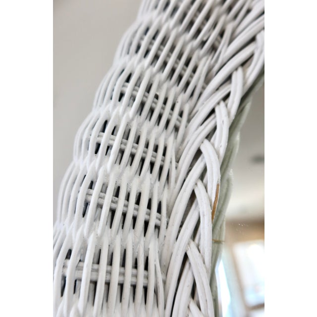 Wood Vintage White Wicker Oval Wall Mirror For Sale - Image 7 of 8