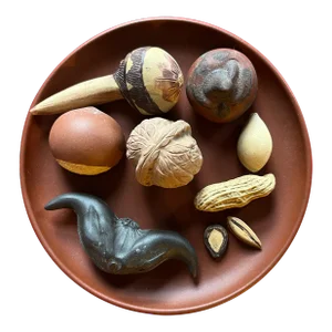 Chinese Yixing Pottery Sculpture of Individual Nuts - Almond, Chestnut, Walnut, Peanut, Hazelnut & Sunflower Seeds - Displayed on a Plate