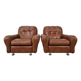 Vintage Italian Brown Leather Club Chairs, 1970s, Set of 2 For Sale