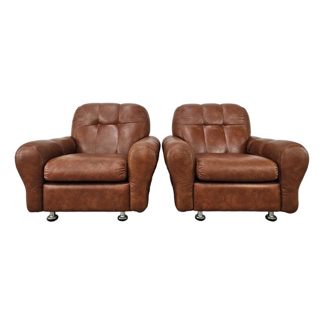 Vintage Italian Brown Leather Club Chairs, 1970s, Set of 2 For Sale