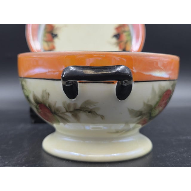 Vintage Bavarian Porcelain Bouillon Bowl & Saucer, Hand-Painted Strawberry Motif, Double-Signed Set, Opalescent Lustre, l.d. Bloch & Co. Bavaria For Sale In Philadelphia - Image 6 of 18