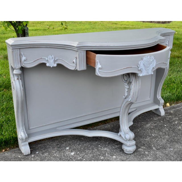 Antique Walnut Carved Hollywood Regency Style Console Table Painted Gray/Distres For Sale - Image 15 of 15