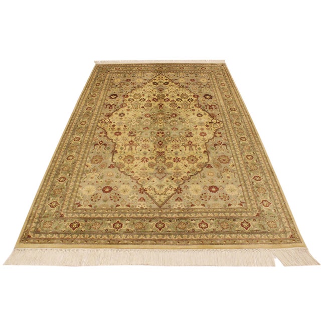 1990s Shabby Chic 1990's Tabriz Pak-Persian Beige/Green Wool Rug - 4'2'' X 6'4'' For Sale - Image 5 of 9