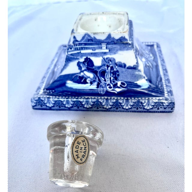 Antique English Blue & White Transferware Pyramidal Inkwell With French Glass Insert & Quill For Sale - Image 9 of 14