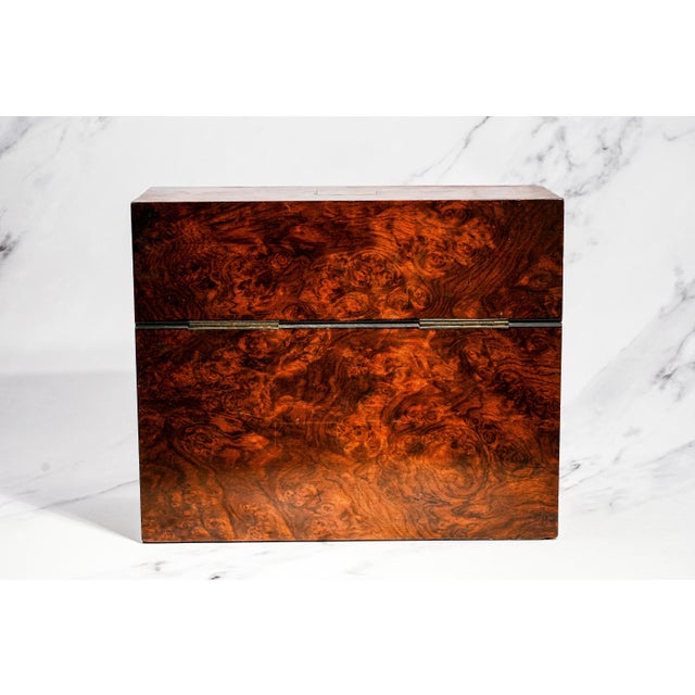 Stunning 19th Century Antique Victorian English Burl Wood 3-Decanter Box With Bramah Lock & Cut Crystal Decanter Luxury Home Decor Barware For Sale - Image 15 of 18
