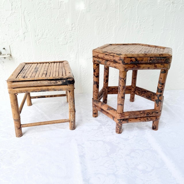 Mid 20th Century Burnt Tortoise Shell Finished Bamboo Accent Tables - Set of 2 For Sale - Image 5 of 9