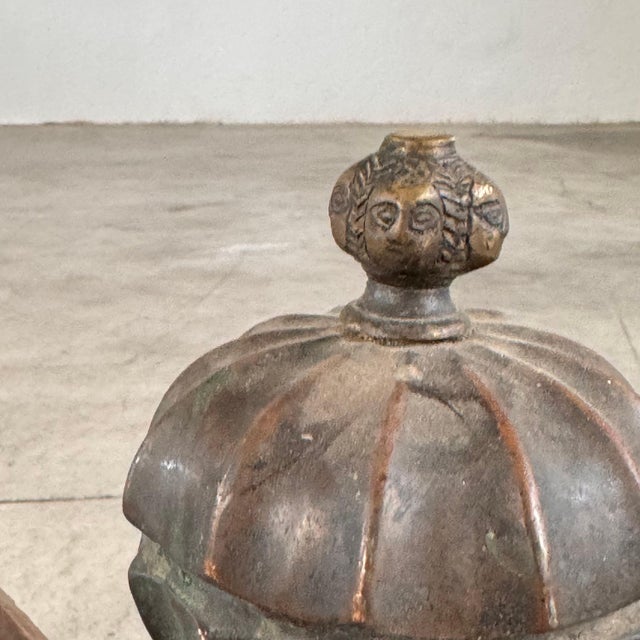 Metal Antique Italian Wrought Iron Andirons with Hand-Carved Bronze Finials, Set of 2 For Sale - Image 7 of 16