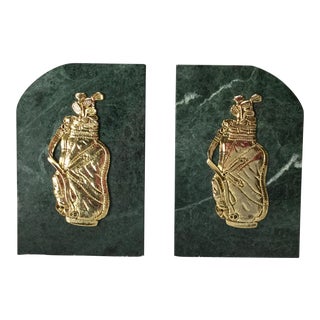 Mid 20th Century Green Marble Bookends With Brass Golf Bag Accent - a Pair For Sale