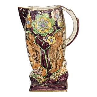 Colorful 1930s Hand Painted Pitcher By: Royal Wilton For Sale