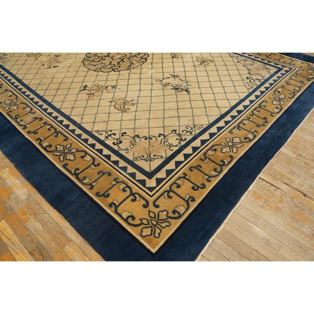 1890s Antique Chinese Peking Wool Rug Blue & Ivory Late Qing Dynasty 9' X 11' 8" For Sale - Image 4 of 9