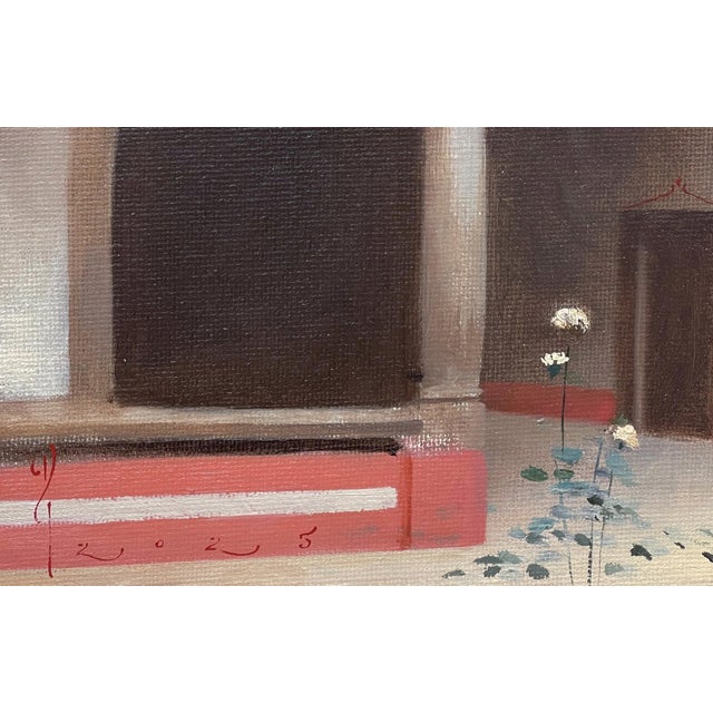 This oil painting captures a serene colonial courtyard in Querétaro, showcasing the elegant arches and soft, muted colors...