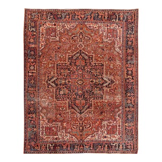 9 X 11 Vintage Persian Heriz Hand-Knotted Allover Wool Rug in Rust Color For Sale
