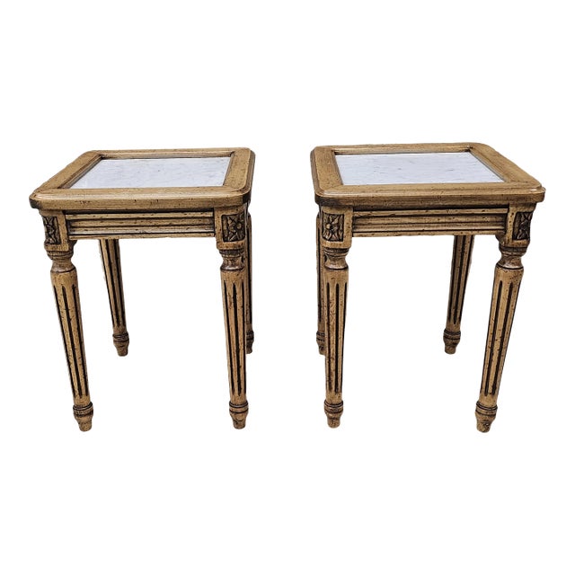 Pair Mid Century French Style Fruitwood & Marble Top Candle Stands Side Tables For Sale