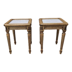 Pair Mid Century French Style Fruitwood & Marble Top Candle Stands Side Tables
