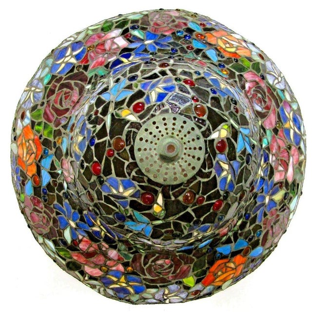 Vintage Tiffany Style Stained Glass Roses Poppies Cabochons Bell Lampshade For Sale - Image 18 of 18