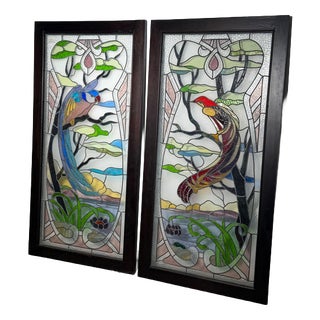 Antique Stained Glass Panels with Exotic Birds, Set of 2 For Sale