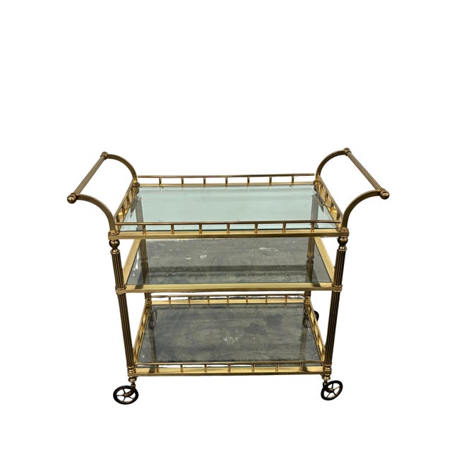 Traditional Vintage Regency Style Brass & Glass Three-Tier Bar Cart With Large Casters For Sale - Image 3 of 8