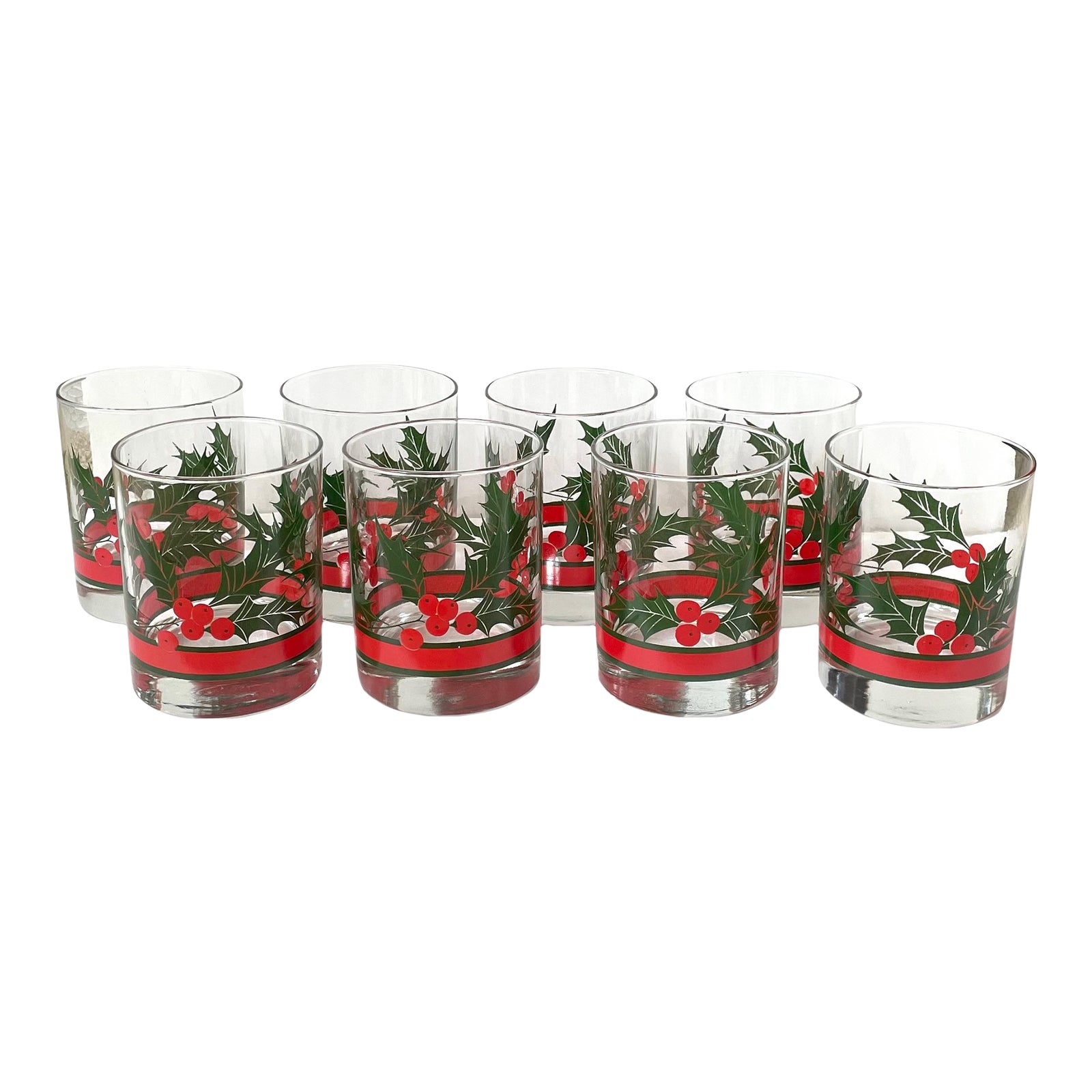 Set of 8 Vintage Libbey Holly & Red Berry Rocks Old Fashioned Low Ball
