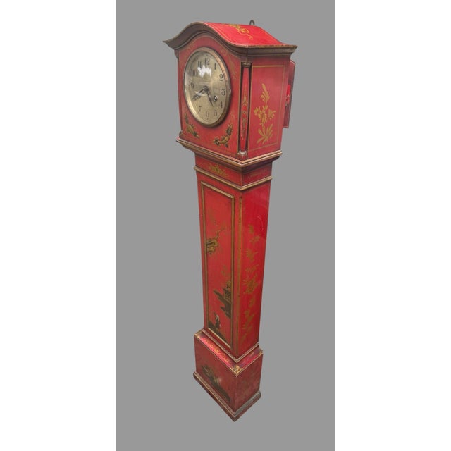 Red Antique 1920s English Chinoiserie Grandmother Clock Red Lacquer 50.5” Longcase For Sale - Image 8 of 12