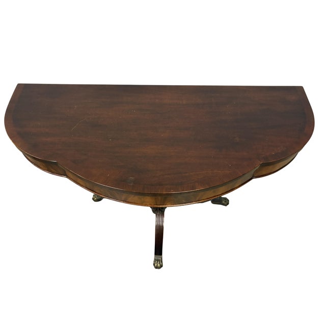 Pair of Antique Regency Style Flame Mahogany Demilune Console Tables For Sale - Image 12 of 12