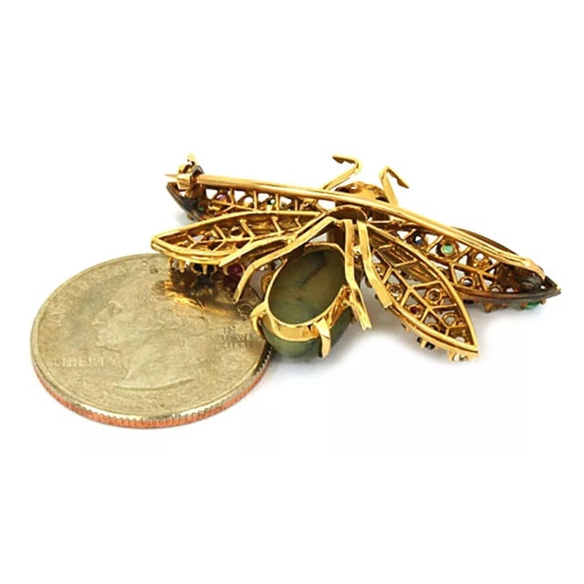 Contemporary Diamond & Multi-Color Gems Jade 14k Yellow Gold Winged Bug Brooch For Sale - Image 3 of 3