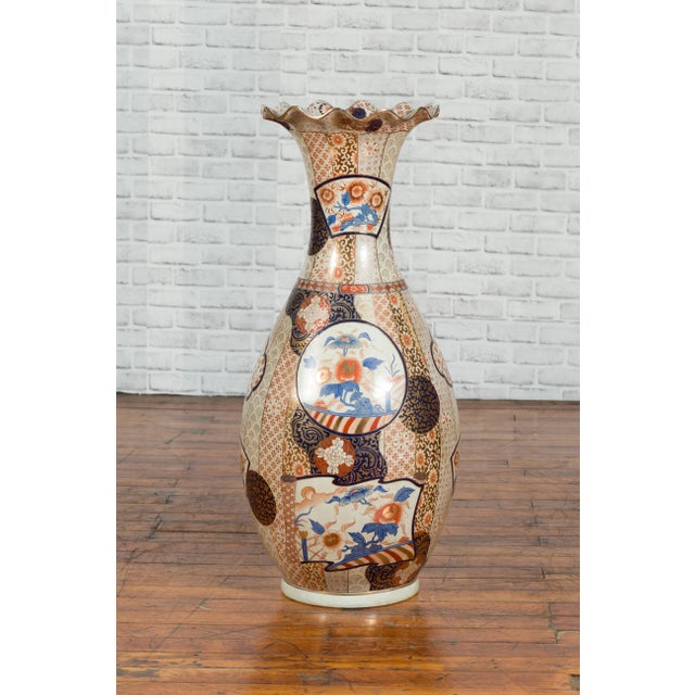 Tall Vintage Chinese Vase with Hand Painted Blue, Orange and Gold Floral Decor For Sale In New York - Image 6 of 11